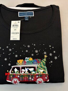 Karen Scott 2X Whimsy Ugly Christmas Dogs Van Gifts Tree Long Sleeve Shirt NEW